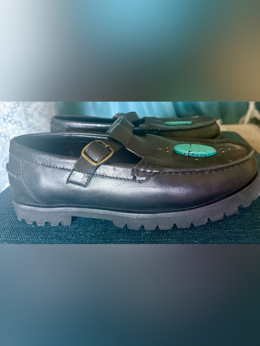 Laidback London Black Leather Women's T-Bar Loafers with Turquoise and Lugsoles